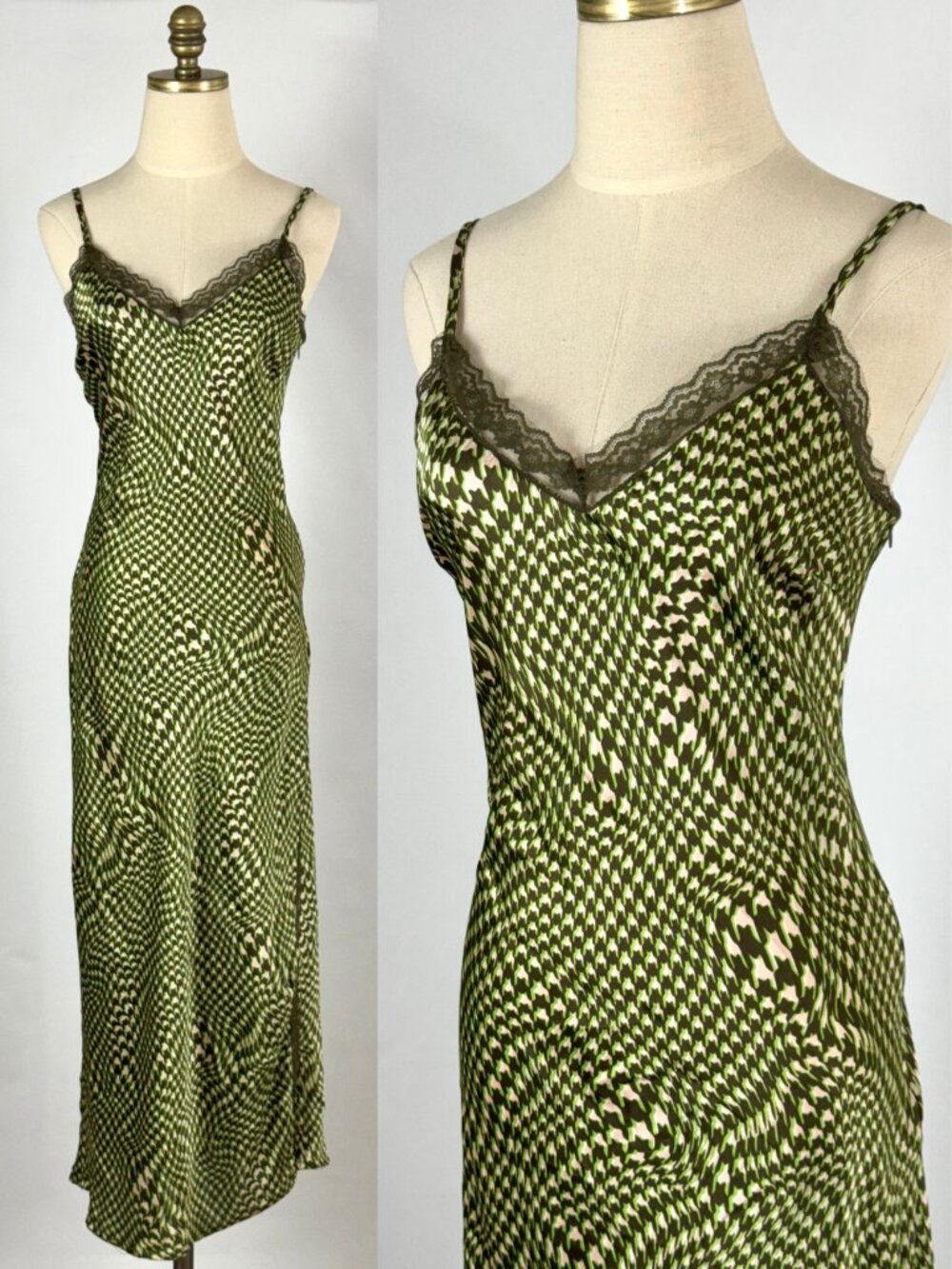 Daisy Street Y2K Green Houndstooth Maxi Satin Slip Dress Lace Trim Side Slit